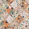 Seamless terrazzo pattern. Hand crafted and unique pattern repeating background. Granite textured shapes in vibrant