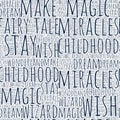 Seamless text pattern from the words magic, fairy land, magic, fairy tale, in blue color