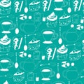 Seamless textile pattern from contour cups of tea, coffee, spoons and sweets on a green background. Hand-drawn vector illustration Royalty Free Stock Photo