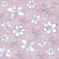 Seamless textile pattern of delicate tropical flowers on a purple background. Vector illustration for fabric for fabric, paper and Royalty Free Stock Photo