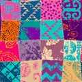 Seamless textile pattern. Textille patchwork pattern. Vector image. Grunge bright ornaments.