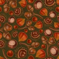 Seamless texture on autumn theme, elements of chestnut, rowan, physalis, acorn. Autumn wallpaper illustration Royalty Free Stock Photo