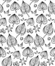Seamless texture with black and white doodle leaves