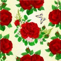 Seamless texture bouquet of red roses and rosebuds and butterfly festive botanical background vintage vector illustration editabl Royalty Free Stock Photo