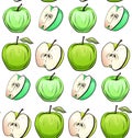 Seamless texture of cartoon green apples of different shapes in row on white background.