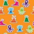 Seamless texture with cartoon monsters on an orange background