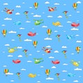 Seamless texture with cartoon transport. Helicopter, aircraft