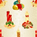 Seamless texture Christmas candlelights with pine cones and holy and various fruit and gold snowflakes vintage vector illustration Royalty Free Stock Photo