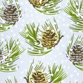 Seamless texture Christmas and New Year decoration golden pine cone and snow pine cone fir tree branches vintage vector illustrati Royalty Free Stock Photo