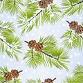 Seamless texture Christmas and New Year decoration golden pine cones and snow pine cones fir tree branches vintage vector illustr Royalty Free Stock Photo