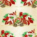 Seamless texture Christmas and New Year decorative spruce branches with pine cones with white and red poinsettia vintage vector i Royalty Free Stock Photo