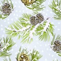 Seamless texture Christmas theme and New Year decoration golden pine cone and snow pine cone fir tree branches vintage vector Royalty Free Stock Photo