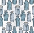 Seamless texture with colorful sketch bottles, flasks and jars on old paper background. Magical pharmacy objects. Vector engraving