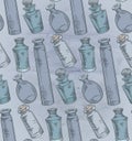 Seamless texture with colorful sketch bottles, flasks and jars on old paper background. Magical pharmacy objects. Vector engraving