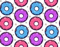 Seamless texture with cute, kawai colorful donut with little stars on white background. Vector pattern Royalty Free Stock Photo