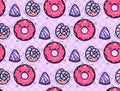 Seamless texture with cute, kawai donut and candy on pink polka background. Vector pattern