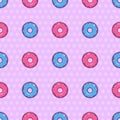 Seamless texture with cute, kawai pink and blue donut on white background. Vector pattern Royalty Free Stock Photo