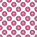 Seamless texture with cute, kawai pink donut on white background. Vector pattern Royalty Free Stock Photo