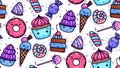 Seamless texture with cute, kawai sweets and confection on white background