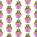 Seamless texture with cute kawaii cupcake. Vector template for textile, fabrics, wrapping paper, postcards .