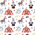 Seamless Texture with cute little bunny in a hat,zebra,circus tent,ribbon,bike.