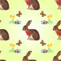 Seamless texture easter hare with butterflies and daffodil vector Royalty Free Stock Photo
