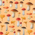 Floral pattern on terracota background. Autumn collection. Watercolor hand drawn mushrooms and different leaves.