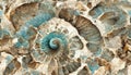 Seamless texture of elaborate and unique calcified blue ammonite sea shell spirals - generative AI