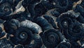 Seamless texture of elaborate and unique calcified blue ammonite sea shell spirals - generative AI