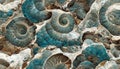 Seamless texture of elaborate and unique calcified blue ammonite sea shell spirals - generative AI