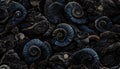 Seamless texture of elaborate and unique calcified blue ammonite sea shell spirals - generative AI