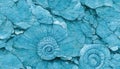 Seamless texture of elaborate and unique calcified blue ammonite sea shell spirals - generative AI
