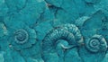 Seamless texture of elaborate and unique calcified blue ammonite sea shell spirals - generative AI