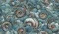 Seamless texture of elaborate and unique calcified blue ammonite sea shell spirals - generative AI