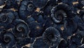 Seamless texture of elaborate and unique calcified blue ammonite sea shell spirals - generative AI