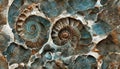 Seamless texture of elaborate and unique calcified blue ammonite sea shell spirals - generative AI