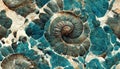 Seamless texture of elaborate and unique calcified blue ammonite sea shell spirals - generative AI