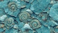 Seamless texture of elaborate and unique calcified blue ammonite sea shell spirals - generative AI