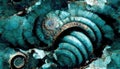 Seamless texture of elaborate and unique calcified blue ammonite sea shell spirals - generative AI