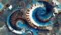 Seamless texture of elaborate and unique calcified blue ammonite sea shell spirals - generative AI