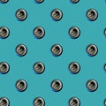 Seamless texture empty beer can on fashion blue vintage decorative background, repeat tiles, round design template. Royalty Free Stock Photo