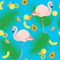 Seamless texture flamingos in the background of leaves and fru
