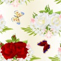 Seamless texture flovr white and red roses and buds jasmine and butterfly vintage festive background watercolor vector