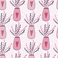 Seamless texture with flower in vases. Interior pattern print design. Floral seamless pattern in pink color Royalty Free Stock Photo