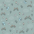 Seamless texture with flowers meadow with butterflies and hand drawn elements