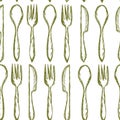 Seamless texture with Fork, Knife, Spoon in sketch style. Hand drawing cutlery pattern. Vector illustration.