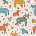 Seamless texture with funny cows, sheep, chickens and hand drawn elements