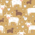 Seamless texture with funny cows, sheep, chickens and hand drawn elements