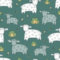 Seamless texture with funny sheep, lambs and hand drawn elements