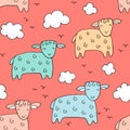 Seamless texture with funny sheep, lambs and hand drawn elements